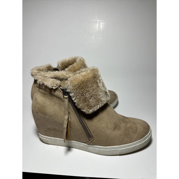 Sofft Tan Faux Suede Fur Trim‎ Wedge Ankle Booties Fashion Comfort Shoes - Picture 5 of 12